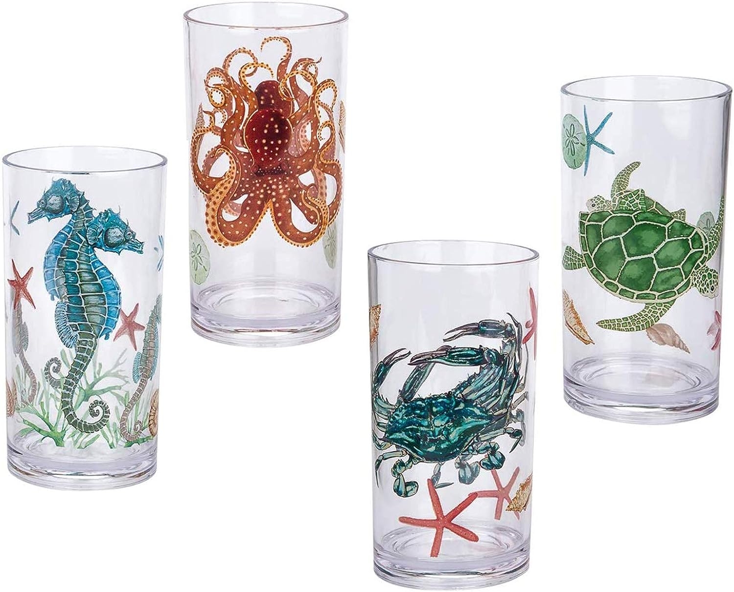 KX-WARE Sea Ocean Life 20-ounce Plastic Tumbler Drinking Glasses Mixed Drinkware Sets, set of 4