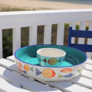 Euro Ceramica FreshCatch Collection Chip and Dip Serving Set (2 Bowls) - Indoor/Outdoor Use - Colorful Cute Fish Pattern on