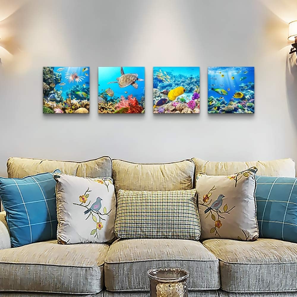 Canvas Wall Art for Living Room- family Bedroom Canvas Pictures Artwork Bathroom Wall Decor- 4 Panels Coral and Sea Fish and - Image 22