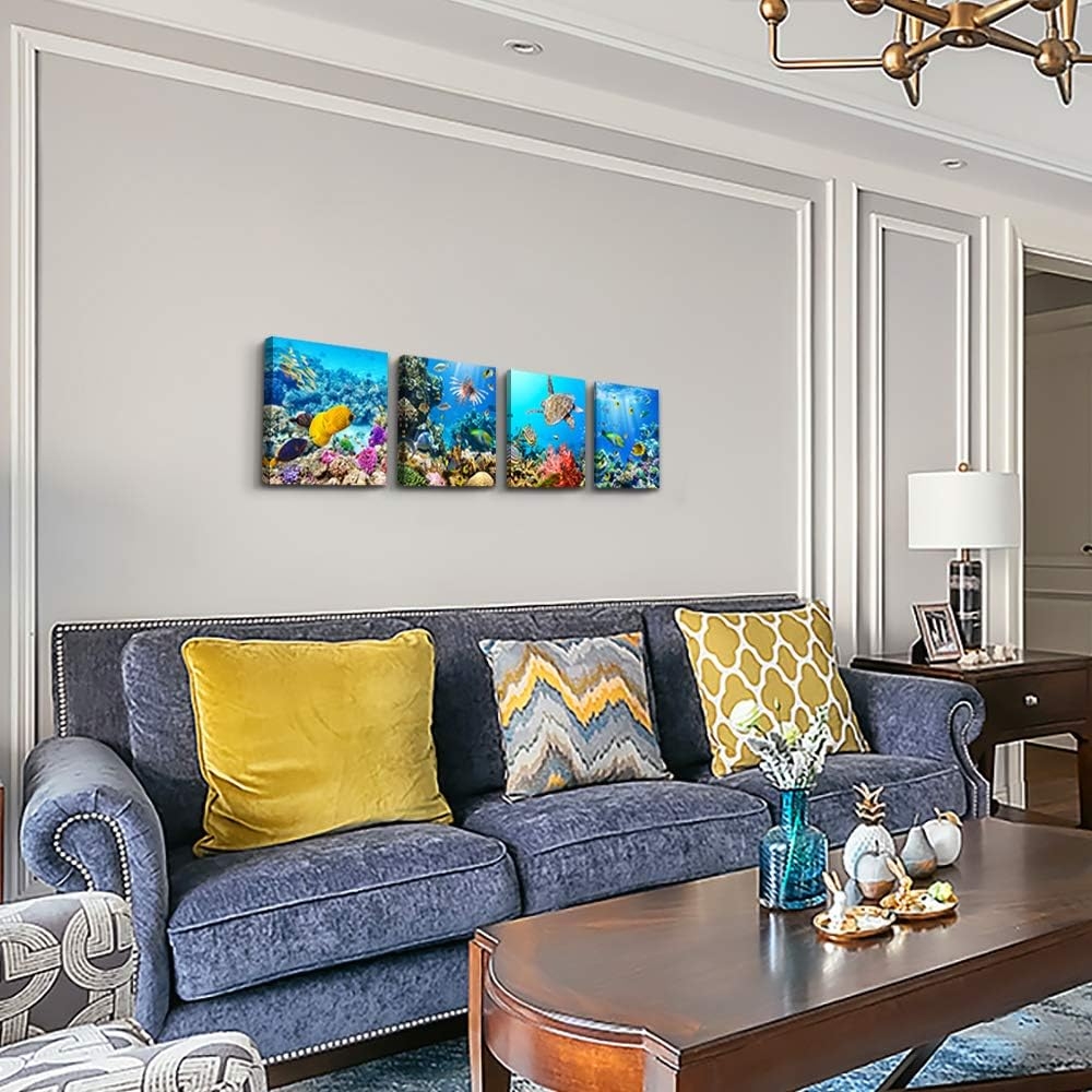 Canvas Wall Art for Living Room- family Bedroom Canvas Pictures Artwork Bathroom Wall Decor- 4 Panels Coral and Sea Fish and - Image 24