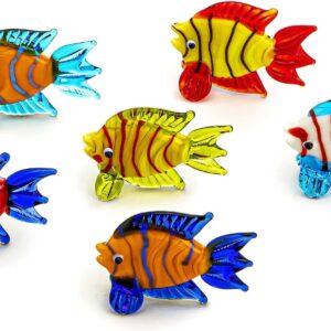 HDCRYSTALGIFTS Miniature Hand Blown Tropical Fish Figurine Handmade Art Glass Sea Animals Collection, Set of 6