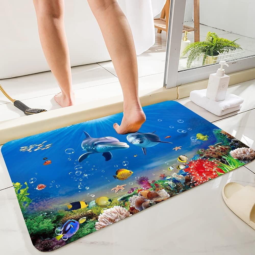 Underwater World Dolphin Print 17MM Thick Memory Foam Bathroom Carpet and Door Mat Non-Slip Absorbent Super Bath Mats - Image 24