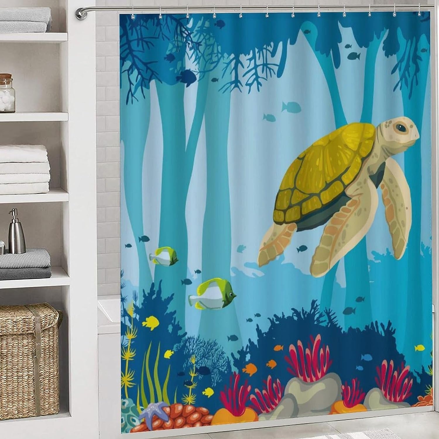JAIDEN BEATA Coral Reef Jellyfish Dophin Ocean Shower Curtain Set with Coral Velvet Bathroom Rugs Toilet Lid Cover U Shaped - Image 41