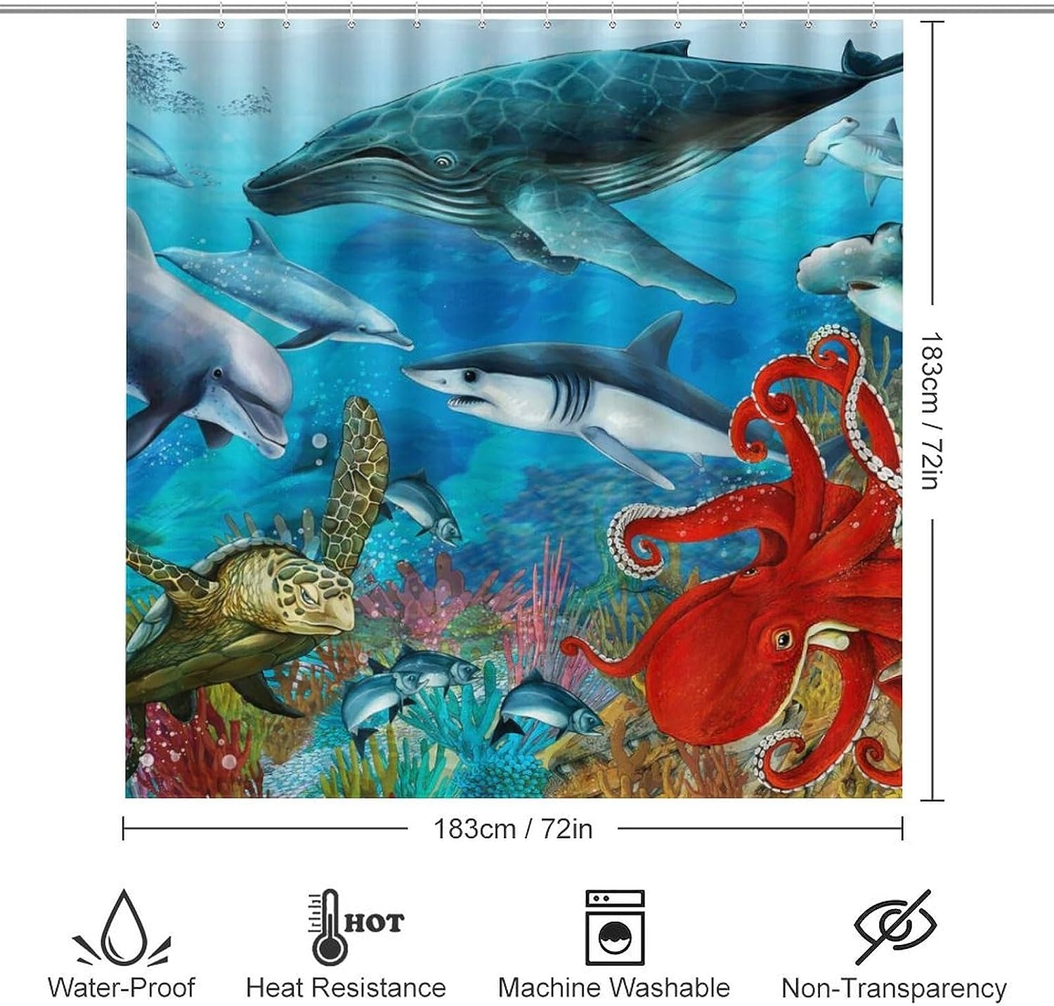 JAIDEN BEATA Coral Reef Jellyfish Dophin Ocean Shower Curtain Set with Coral Velvet Bathroom Rugs Toilet Lid Cover U Shaped - Image 5