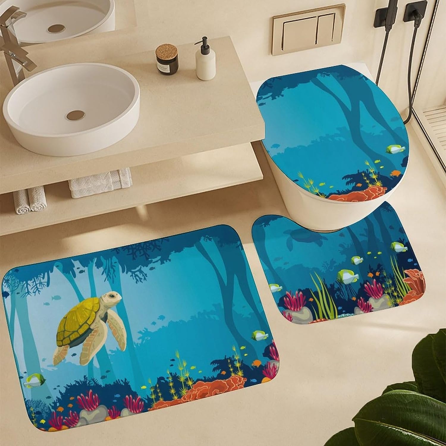 JAIDEN BEATA Coral Reef Jellyfish Dophin Ocean Shower Curtain Set with Coral Velvet Bathroom Rugs Toilet Lid Cover U Shaped - Image 42