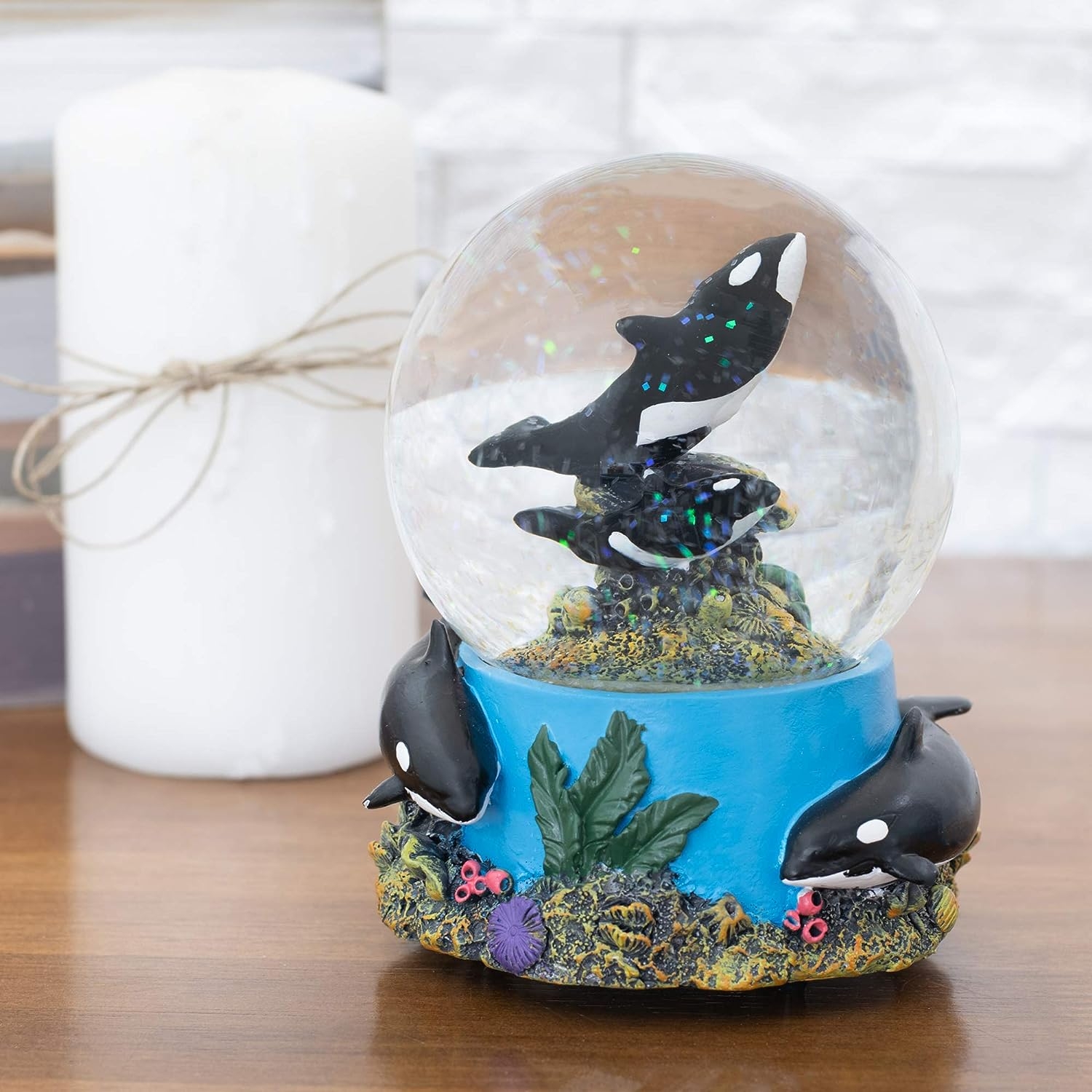 Coral Reef Orca Pod 100MM Musical Snow Globe Plays Tune Wonderful World