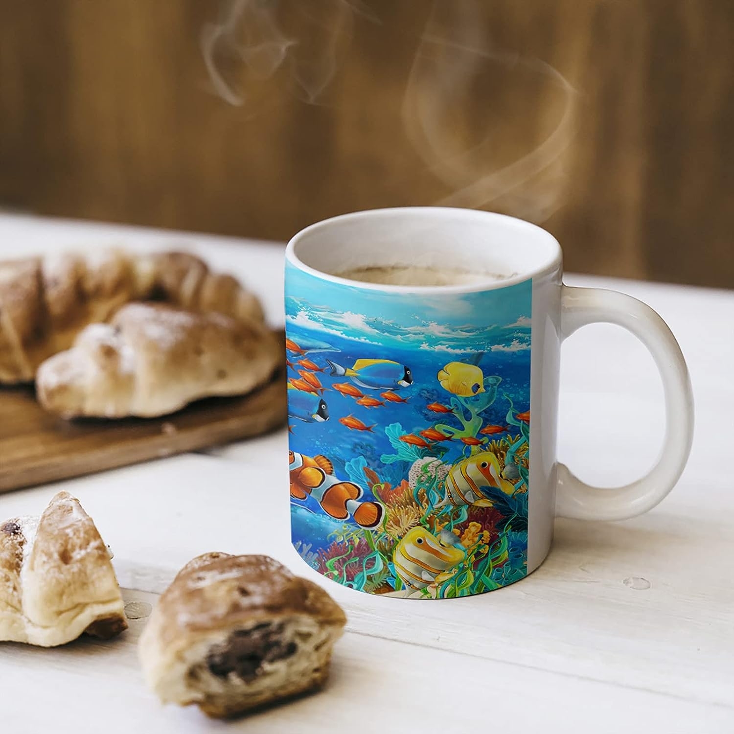 Coffee Mug, Colorful Cartoon Sea World Hot Chocolate Cocoa Ceramic Mugs Tea Cup for Office/Home, Coral Reef Fish Shark