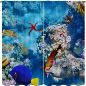 UUZ Ocean Fish Blackout Curtains for Boy Home Decor, Sea Coral Tropical Fish Sea Turtle Rod Pocket Thermal Insulated Drapes