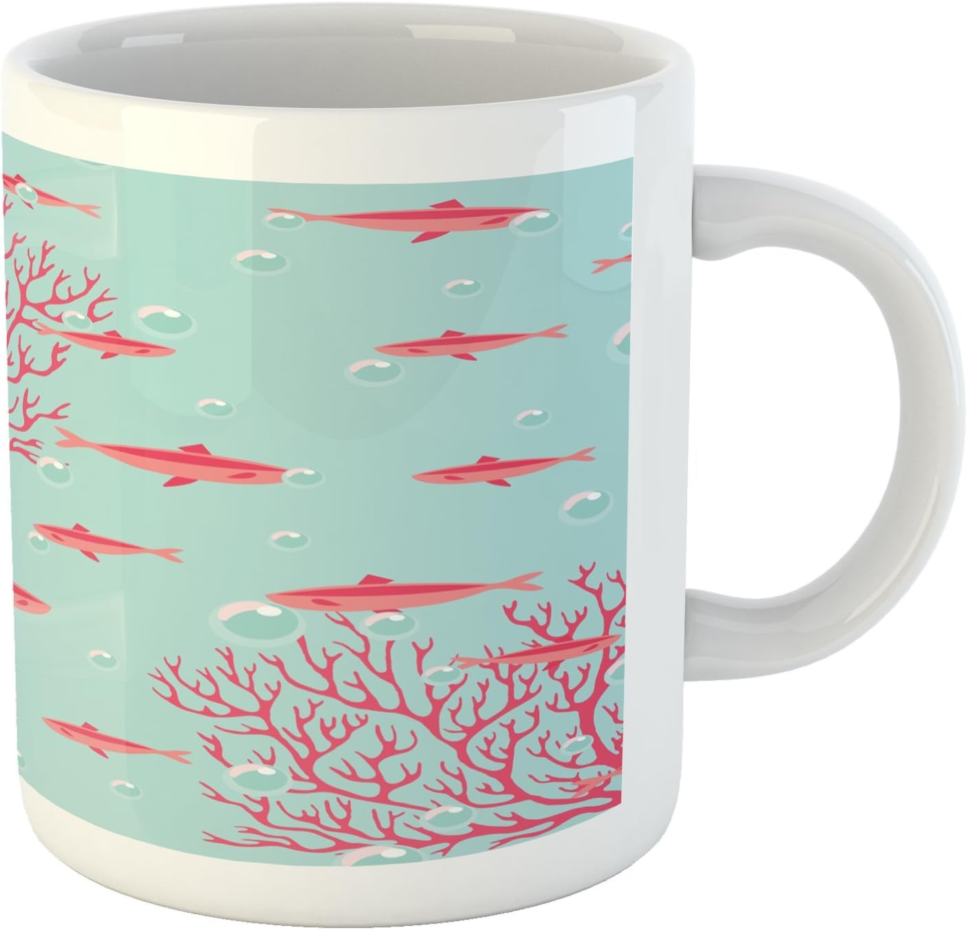 Ambesonne Coral Mug, Aquatic Pattern with Little Fishes and Coral Reef Bubbles Water, Ceramic Coffee Mug Cup for Water Tea