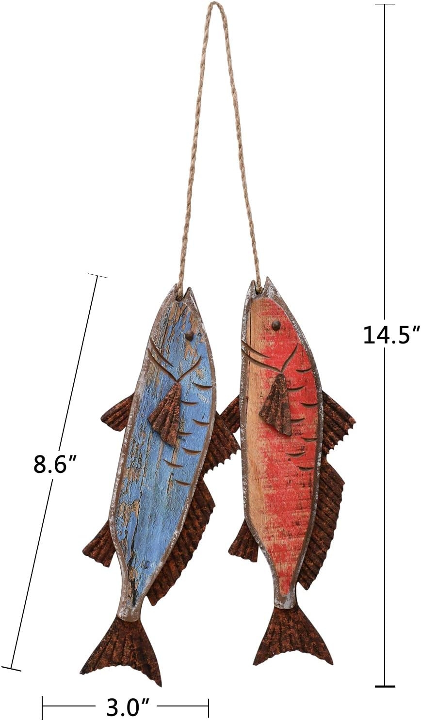 E-view Antique Wood Fish Der Derative Wooden Hanging Fish Nautical Indoor Outdoor Derations Wall Art Ornament (Set of 2) - Image 5