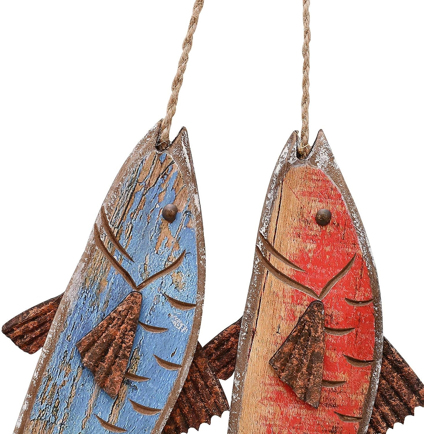 E-view Antique Wood Fish Der Derative Wooden Hanging Fish Nautical Indoor Outdoor Derations Wall Art Ornament (Set of 2) - Image 6
