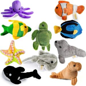 PREXTEX 10 Piece Plush Soft Stuffed Sea Animals Playset Plush Sea Life Assortment, Turtle, Stingray, Nemo Fish, Killer Whale and