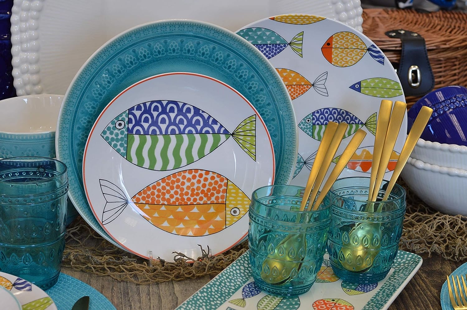 Euro Ceramica FreshCatch 12 Piece Dinnerware Set Service for 4 - Stoneware Indoor/Outdoor Use - No Mug - Cute Fish Pattern on - Image 6