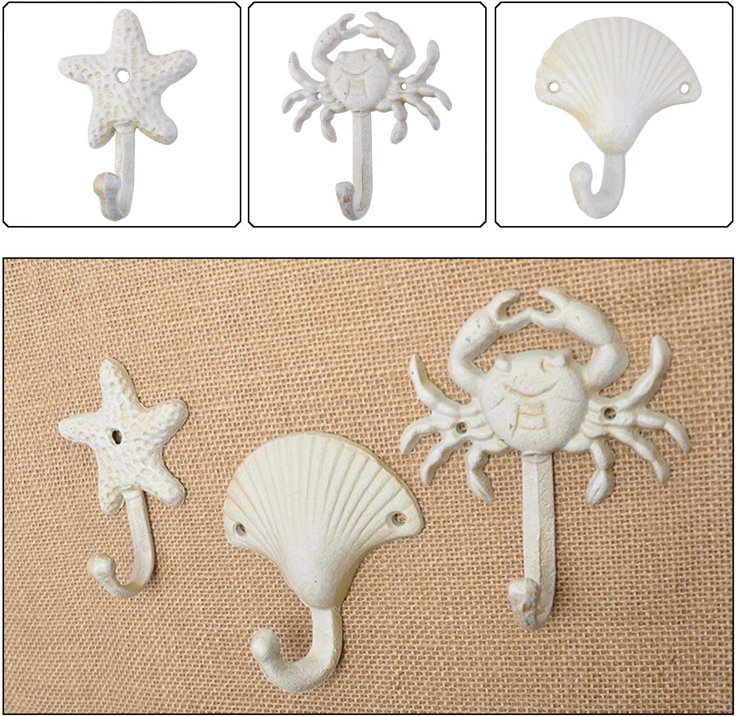 ZILucky Set of 3 Starfish Seashell Crab Cast Iron Decorative Wall Hooks Coats Aprons Hats Towels Hooks Beach Ocean Theme Chic - Image 5