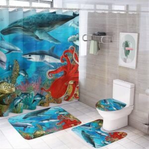 JAIDEN BEATA Coral Reef Jellyfish Dophin Ocean Shower Curtain Set with Coral Velvet Bathroom Rugs Toilet Lid Cover U Shaped