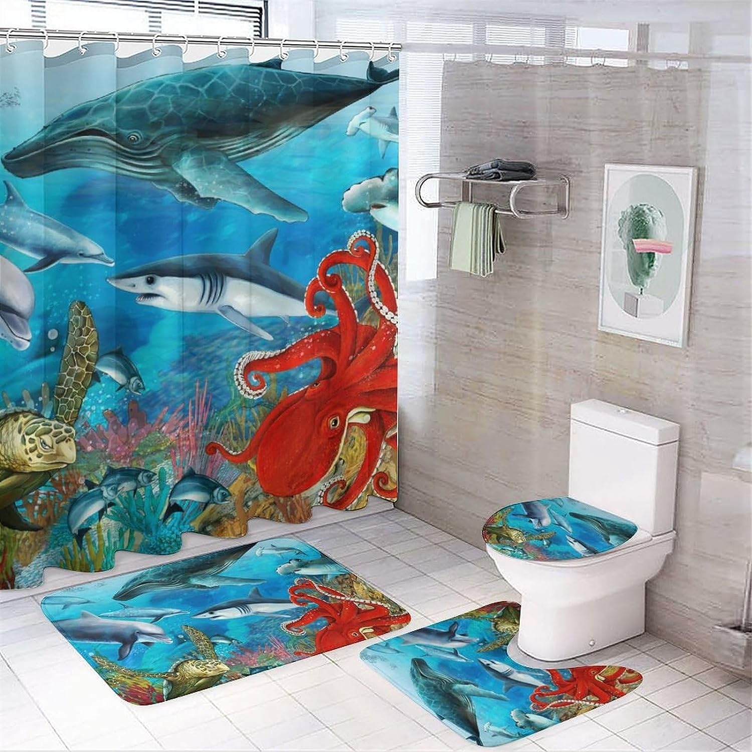 JAIDEN BEATA Coral Reef Jellyfish Dophin Ocean Shower Curtain Set with Coral Velvet Bathroom Rugs Toilet Lid Cover U Shaped