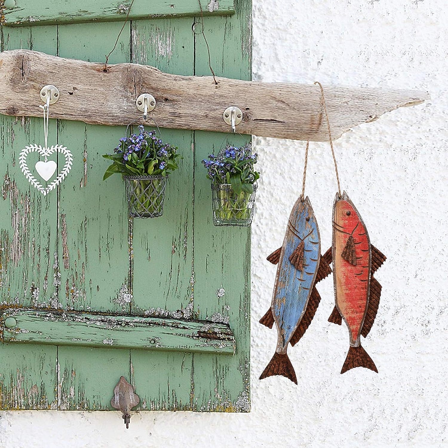 E-view Antique Wood Fish Der Derative Wooden Hanging Fish Nautical Indoor Outdoor Derations Wall Art Ornament (Set of 2)