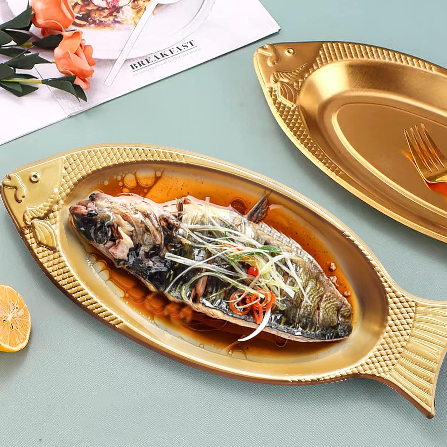 Hoypeyfiy Fish Shaped Plate Fish Dish 2Pcs Stainless Steel Fish Serving Platter Fish Shaped Plate Fish Platter Food Trays for