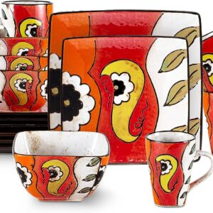 HomeVss, Stoneware Artisan Hand Painted Fish, 16pc Reactive Glaze Dinnerware Set
