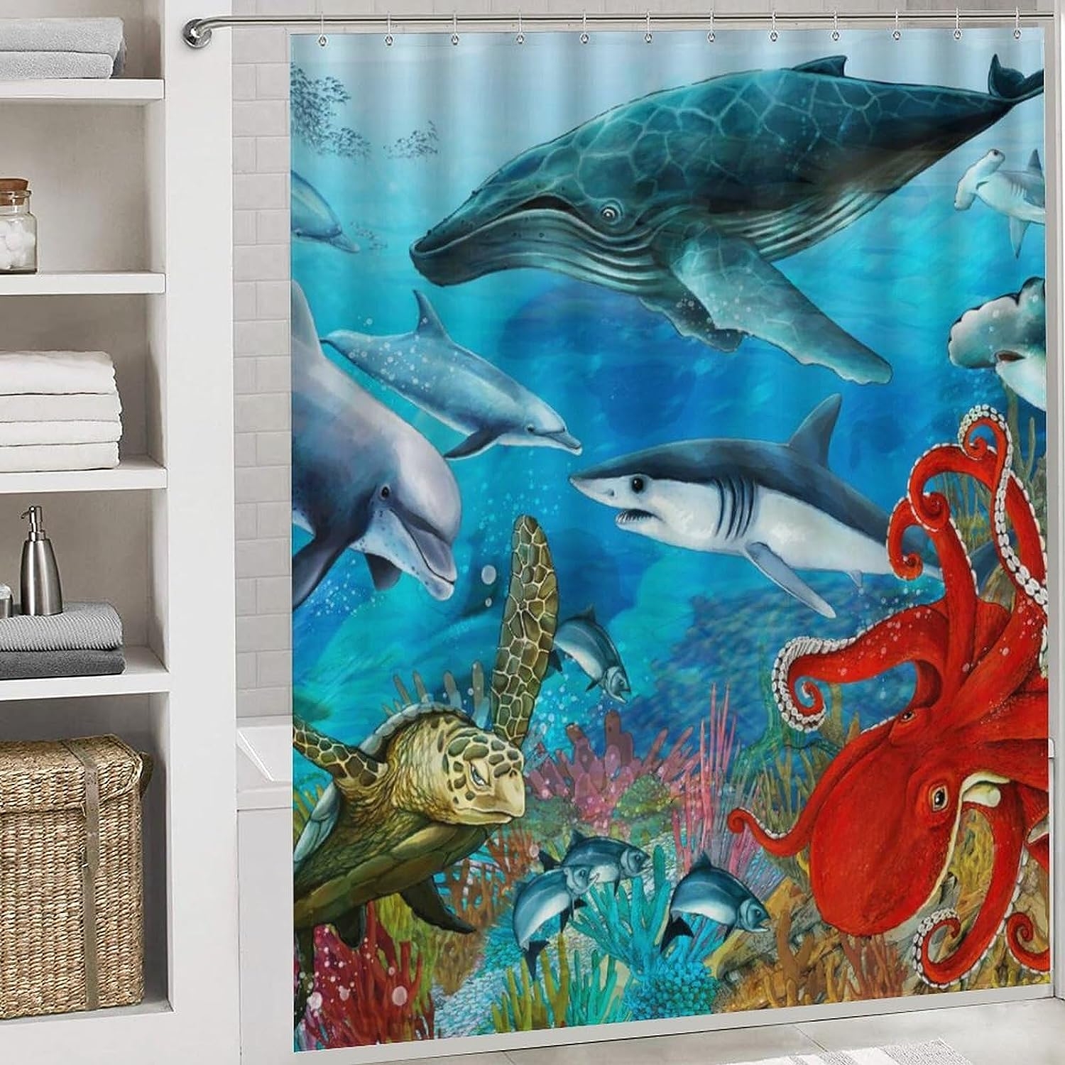 JAIDEN BEATA Coral Reef Jellyfish Dophin Ocean Shower Curtain Set with Coral Velvet Bathroom Rugs Toilet Lid Cover U Shaped - Image 3