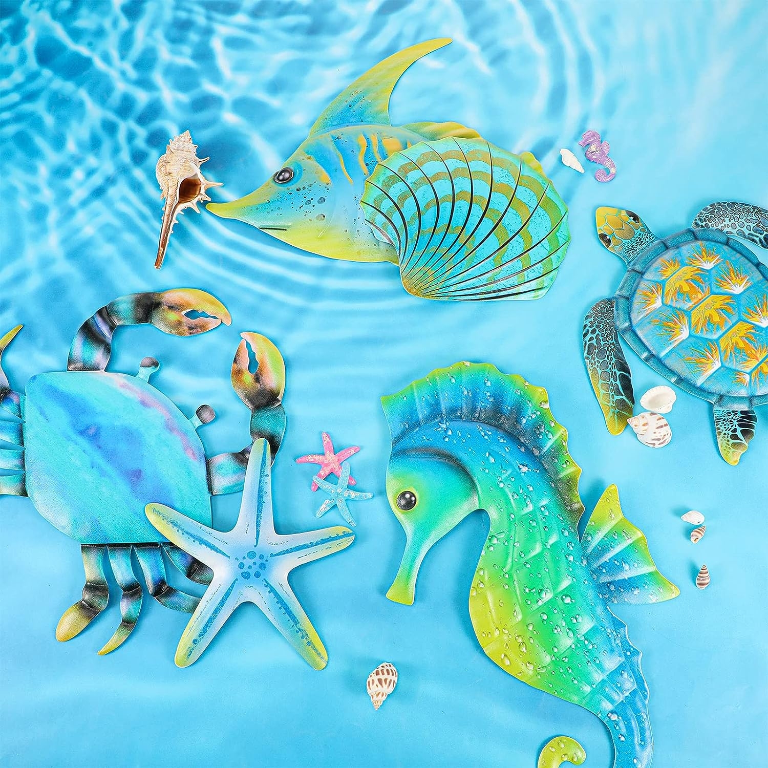 Lounsweer 6 Pieces Metal Ocean Wall Sculptures Outdoor Metal Sea Turtle Fish Crab Starfish Seahorse and Seashells Wall Art - Image 7