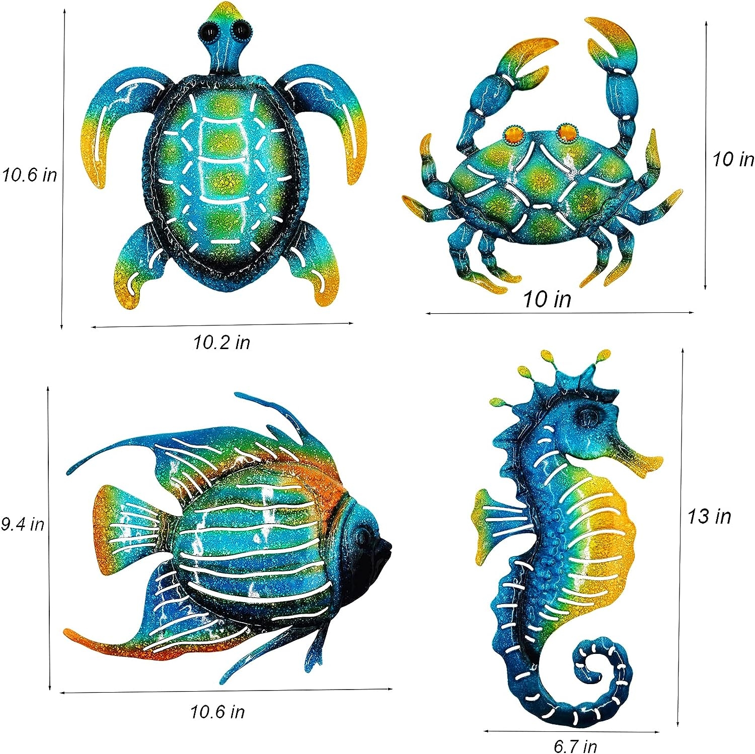 Set of 4 Metal Outdoor Wall Art Decor, Blue Turtle Fish Crab and Seahorse Suitable for Beach Ocean Pool Decor, Metal Yard Fence