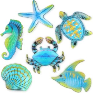 Lounsweer 6 Pieces Metal Ocean Wall Sculptures Outdoor Metal Sea Turtle Fish Crab Starfish Seahorse and Seashells Wall Art
