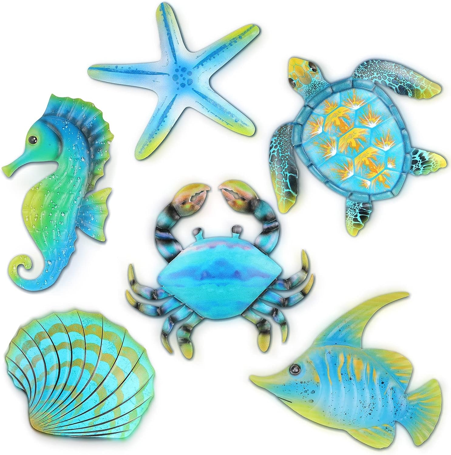 Lounsweer 6 Pieces Metal Ocean Wall Sculptures Outdoor Metal Sea Turtle Fish Crab Starfish Seahorse and Seashells Wall Art