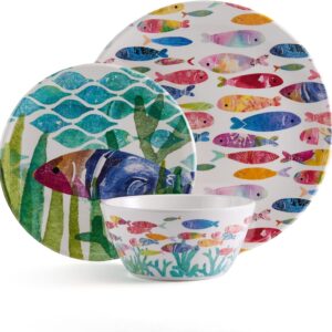 Fitz & Floyd Fitz and Floyd One Fish Two Fish Melamine Outdoor 12 Piece Dinnerware Set, Service for 4, Multicolor