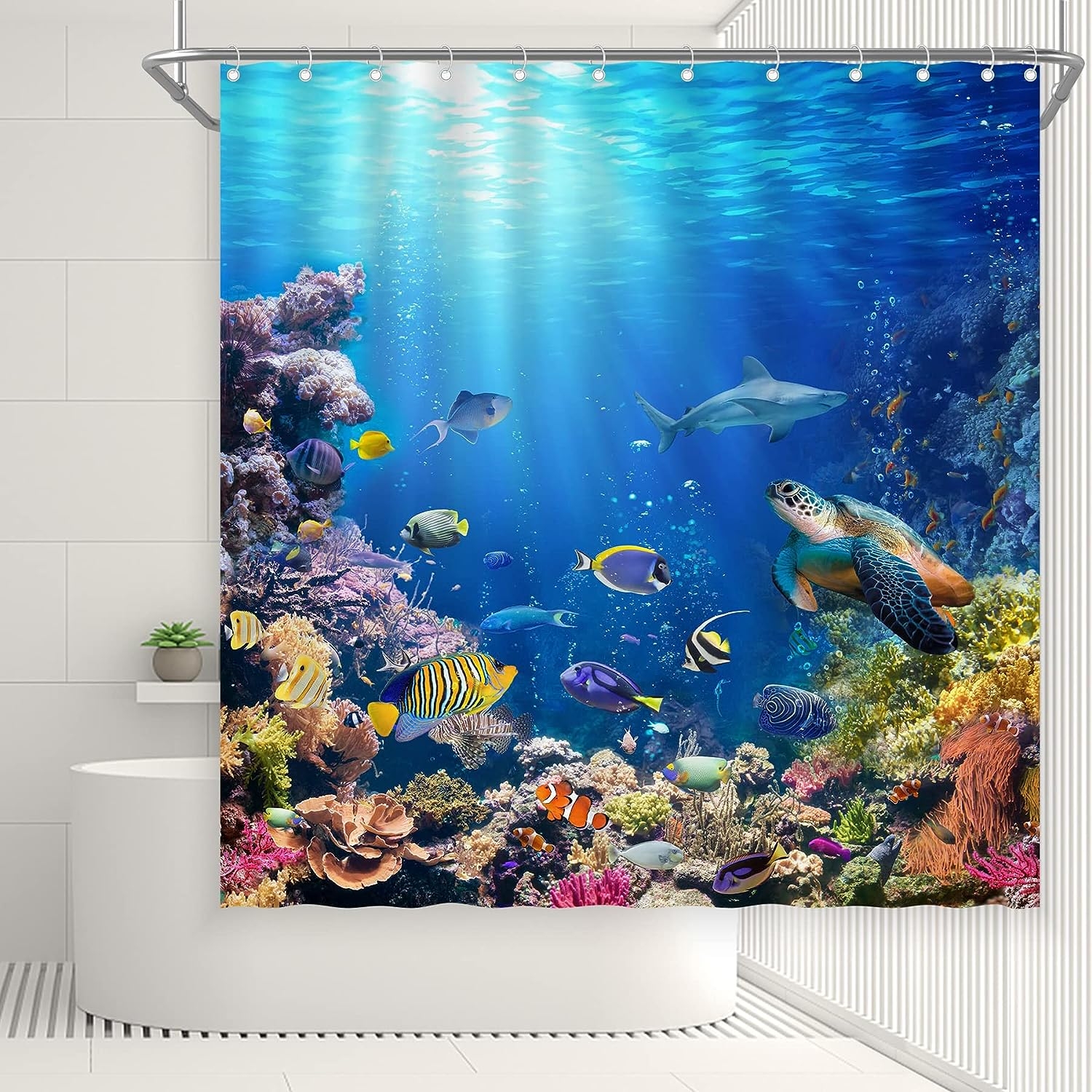 Swepuck Under The Sea Shower Curtain for Bathroom Ocean Tropical Underwater World Coral Fishes Turtle Home Decoration with 12 - Image 3