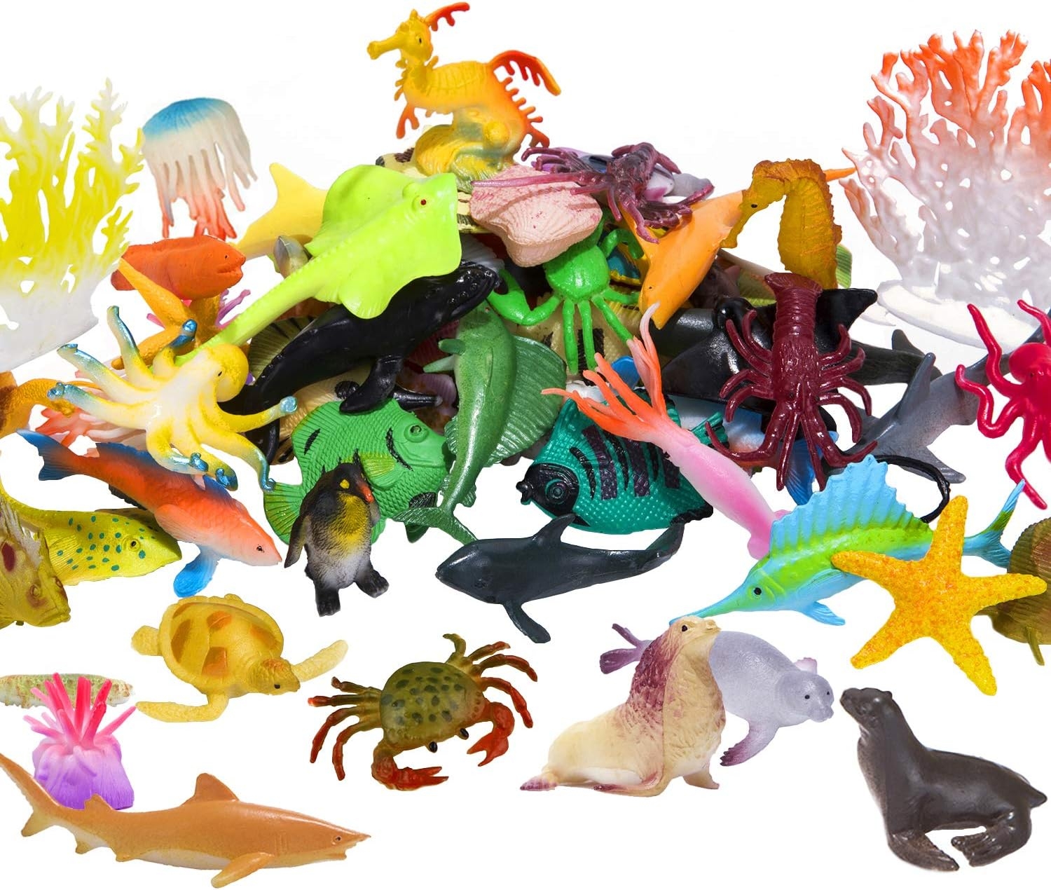 Ocean Sea Animals Figures, 60 Pack Mini Plastic Deep Underwater Life Creatures Set, STEM Educational Shower Bath Toys Gift for