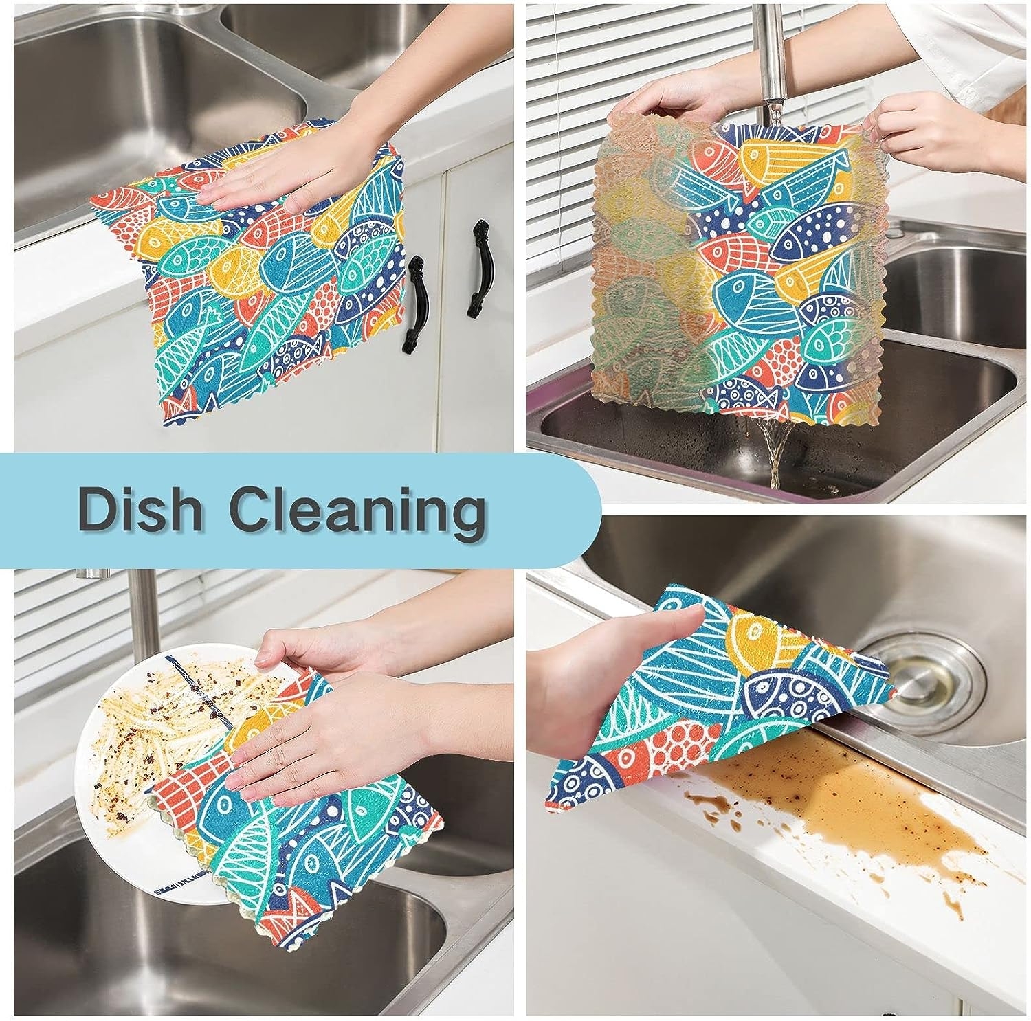 Famiho Coloful Fish Kitchen Cloth 11×11 inch Dish Towel 6 Pack Super Absorbent Dish Cloths for Cleaning Dishes, Kitchen,