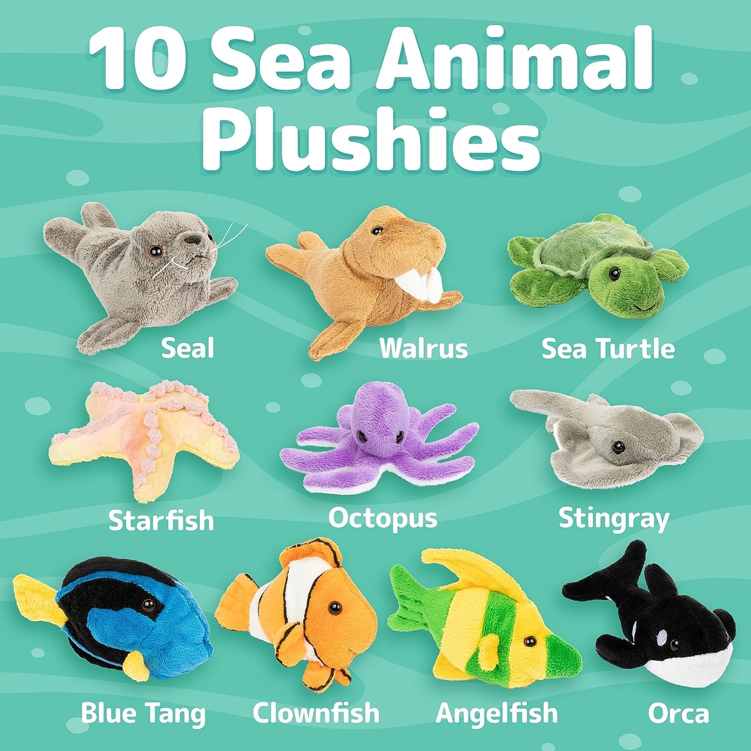 PREXTEX 10 Piece Plush Soft Stuffed Sea Animals Playset Plush Sea Life Assortment, Turtle, Stingray, Nemo Fish, Killer Whale and