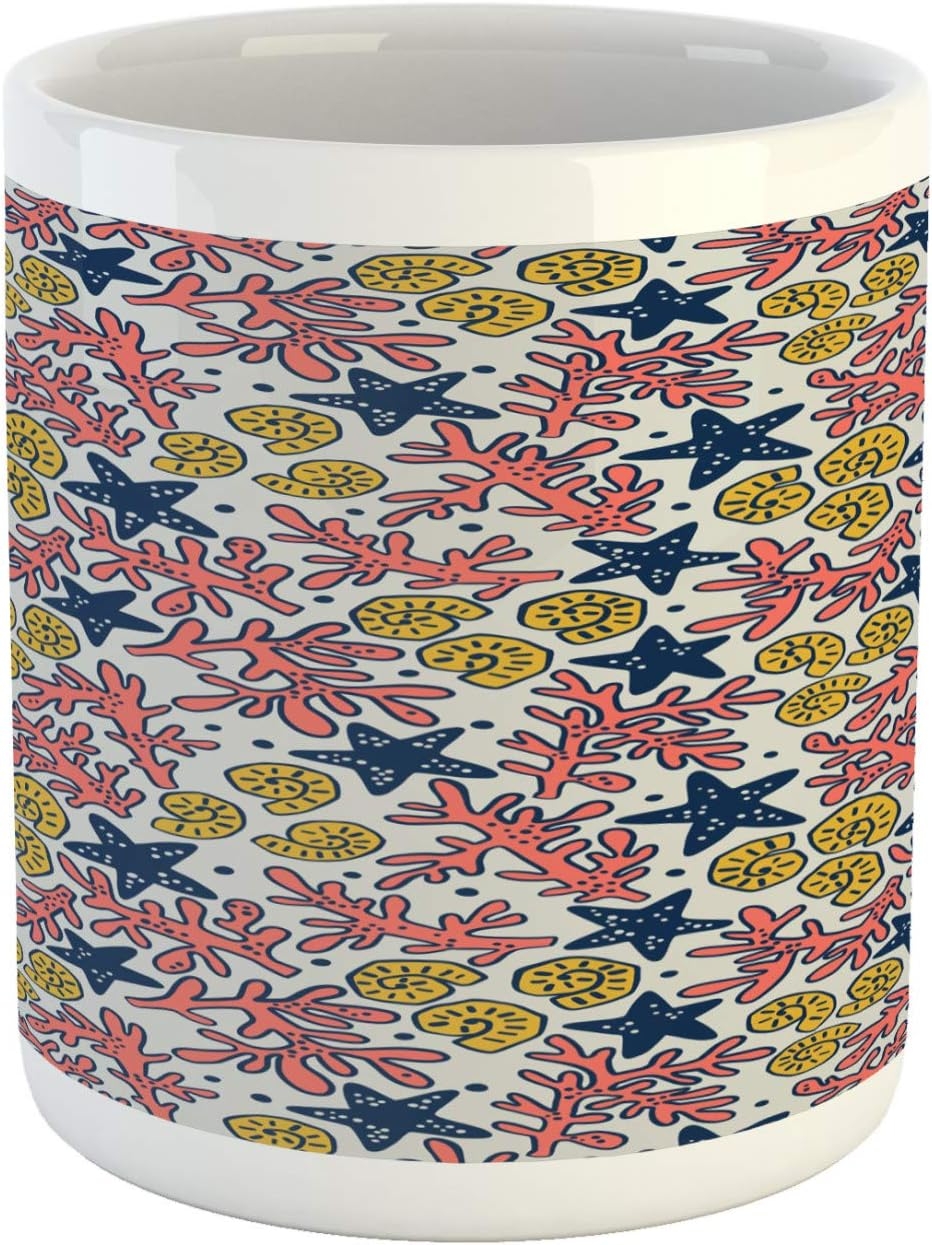 Ganiokar Underwater Mug, Coral Reef Shells Doodle Marine Cockleshell Starfish on Pale Grey, Ceramic Coffee Mug Cup for Water Tea
