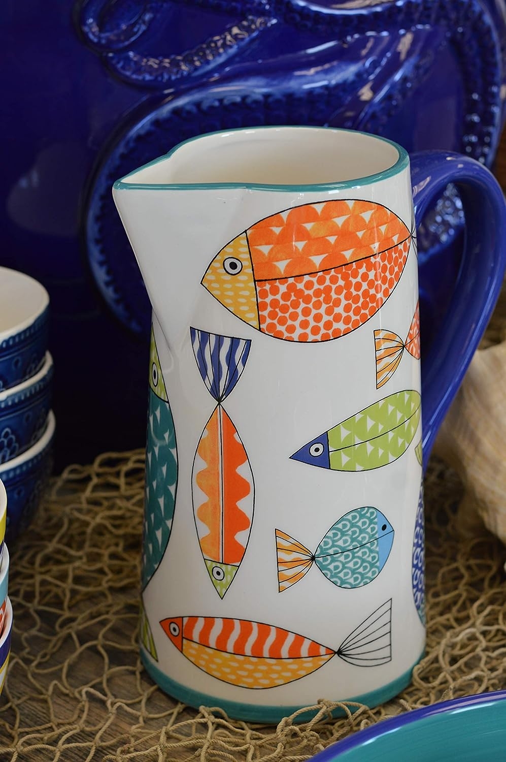 Euro Ceramica FreshCatch 12 Piece Dinnerware Set Service for 4 - Stoneware Indoor/Outdoor Use - No Mug - Cute Fish Pattern on - Image 7