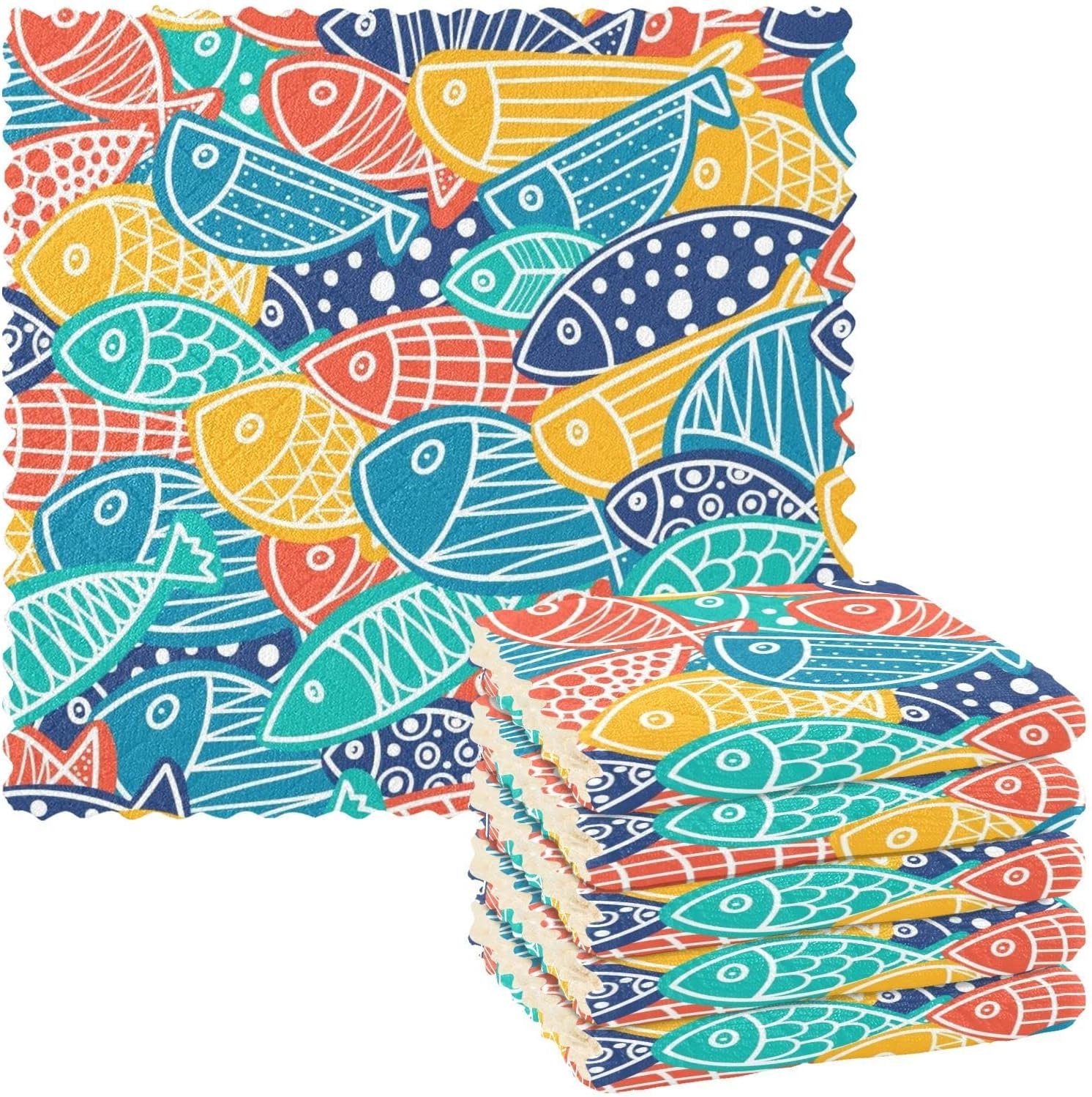 Famiho Coloful Fish Kitchen Cloth 11x11 inch Dish Towel 6 Pack Super Absorbent Dish Cloths for Cleaning Dishes, Kitchen,