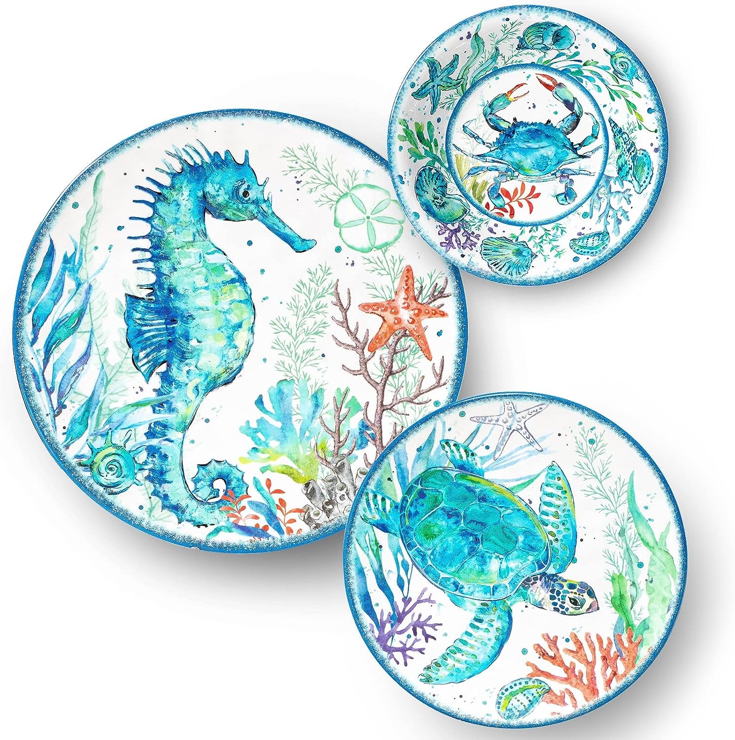 LEHAHA 12-Piece Melamine Beach Dinnerware Set, Coastal Plates and Bowls Sets, Oceanic Sea Life Dish Sets for 4, Great for Indoor