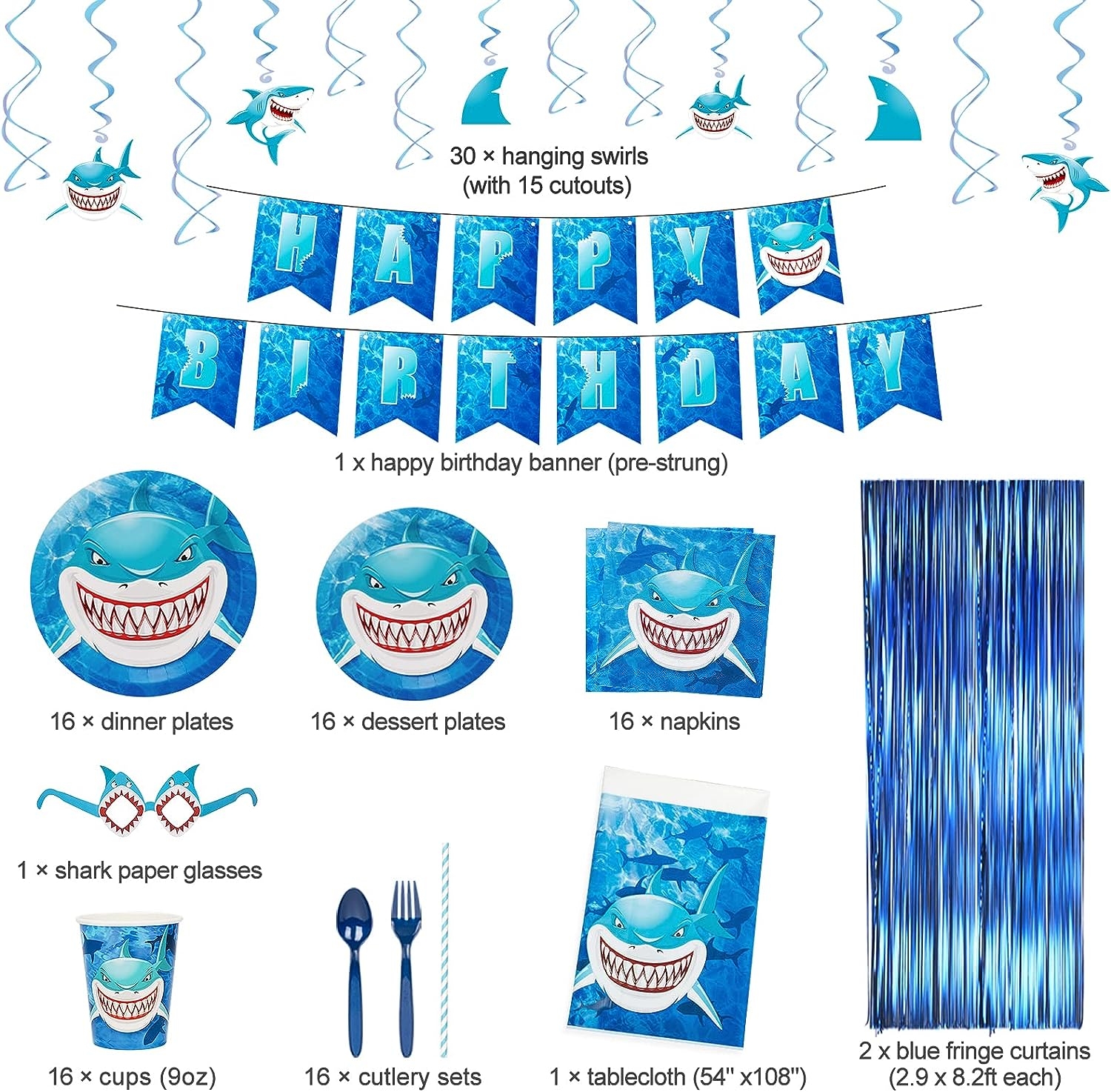 DECORLIFE Shark Birthday Party Supplies Serves 16, Shark Birthday Decorations Includes 30ct Hanging Swirls, 54” x 108”