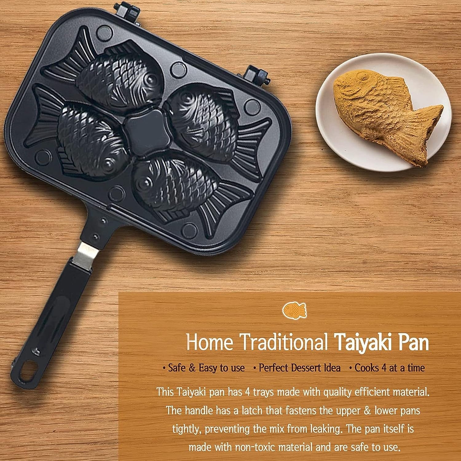 Taiyaki Fish Shape Cake Pan, 4 Trays Taiyaki Pan Fish Shaped Waffle Cake Maker Pan Fish Shaped Pancake Double Pan Home Cooking