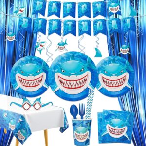 DECORLIFE Shark Birthday Party Supplies Serves 16, Shark Birthday Decorations Includes 30ct Hanging Swirls, 54” x 108”