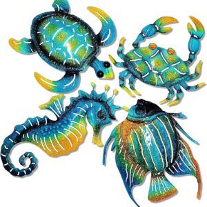 Set of 4 Metal Outdoor Wall Art Decor, Blue Turtle Fish Crab and Seahorse Suitable for Beach Ocean Pool Decor, Metal Yard Fence