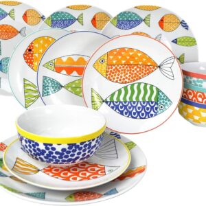 Euro Ceramica FreshCatch 12 Piece Dinnerware Set Service for 4 - Stoneware Indoor/Outdoor Use - No Mug - Cute Fish Pattern on