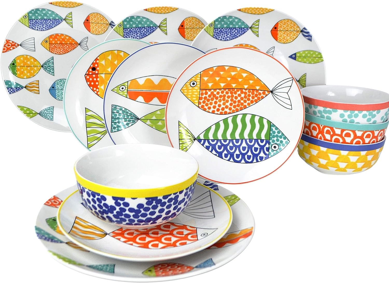 Euro Ceramica FreshCatch 12 Piece Dinnerware Set Service for 4 - Stoneware Indoor/Outdoor Use - No Mug - Cute Fish Pattern on