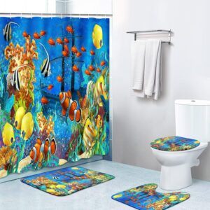4 Piece Shower Curtain Sets, with 12 Hooks, Coral Reef Aquarium Fish with Non-Slip Rugs, Toilet Lid Cover and Bath Mat, Durable