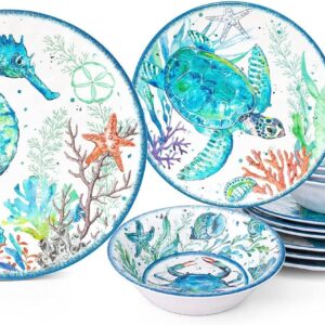 LEHAHA 12-Piece Melamine Beach Dinnerware Set, Coastal Plates and Bowls Sets, Oceanic Sea Life Dish Sets for 4, Great for Indoor