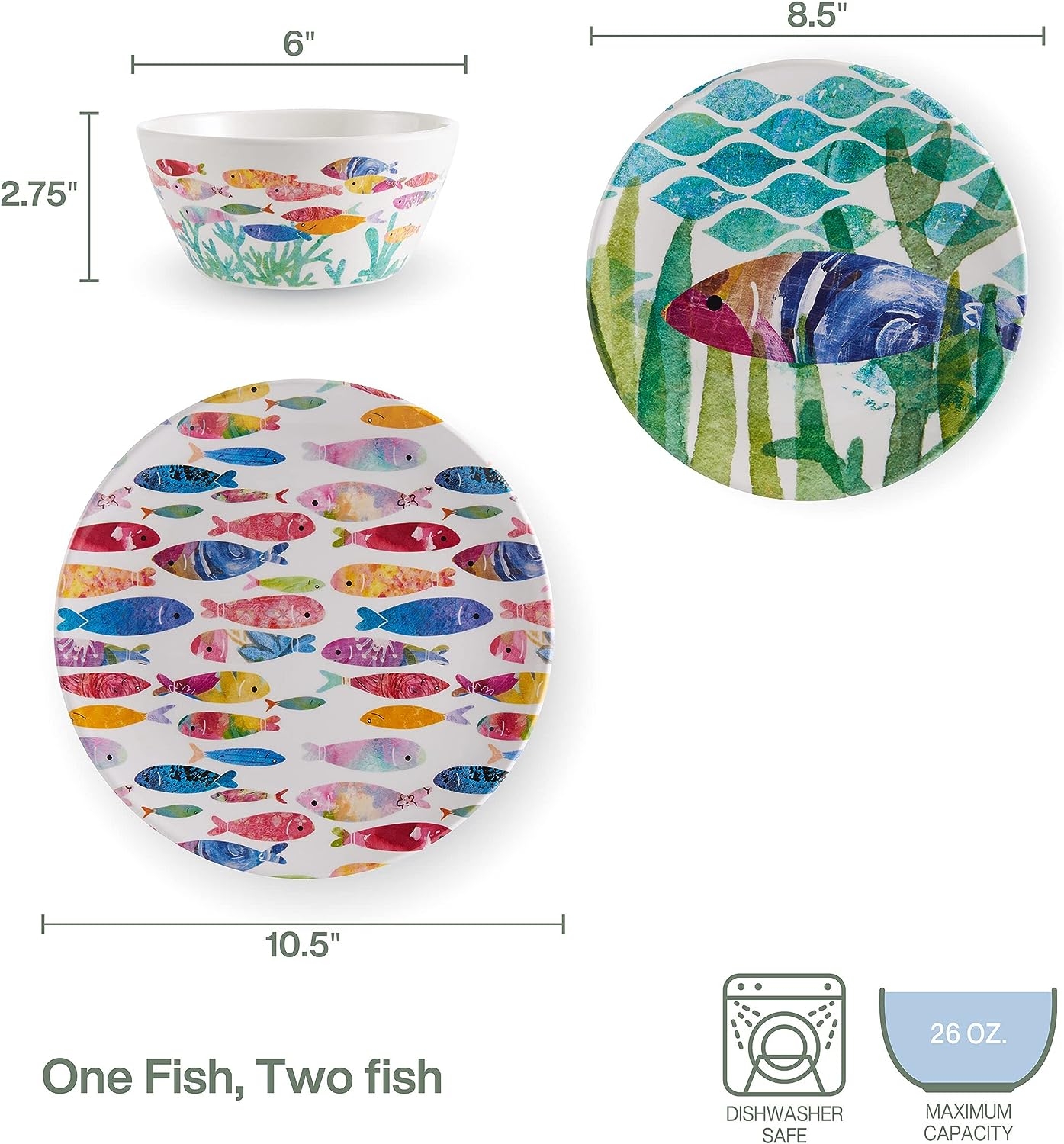 Fitz & Floyd Fitz and Floyd One Fish Two Fish Melamine Outdoor 12 Piece Dinnerware Set, Service for 4, Multicolor