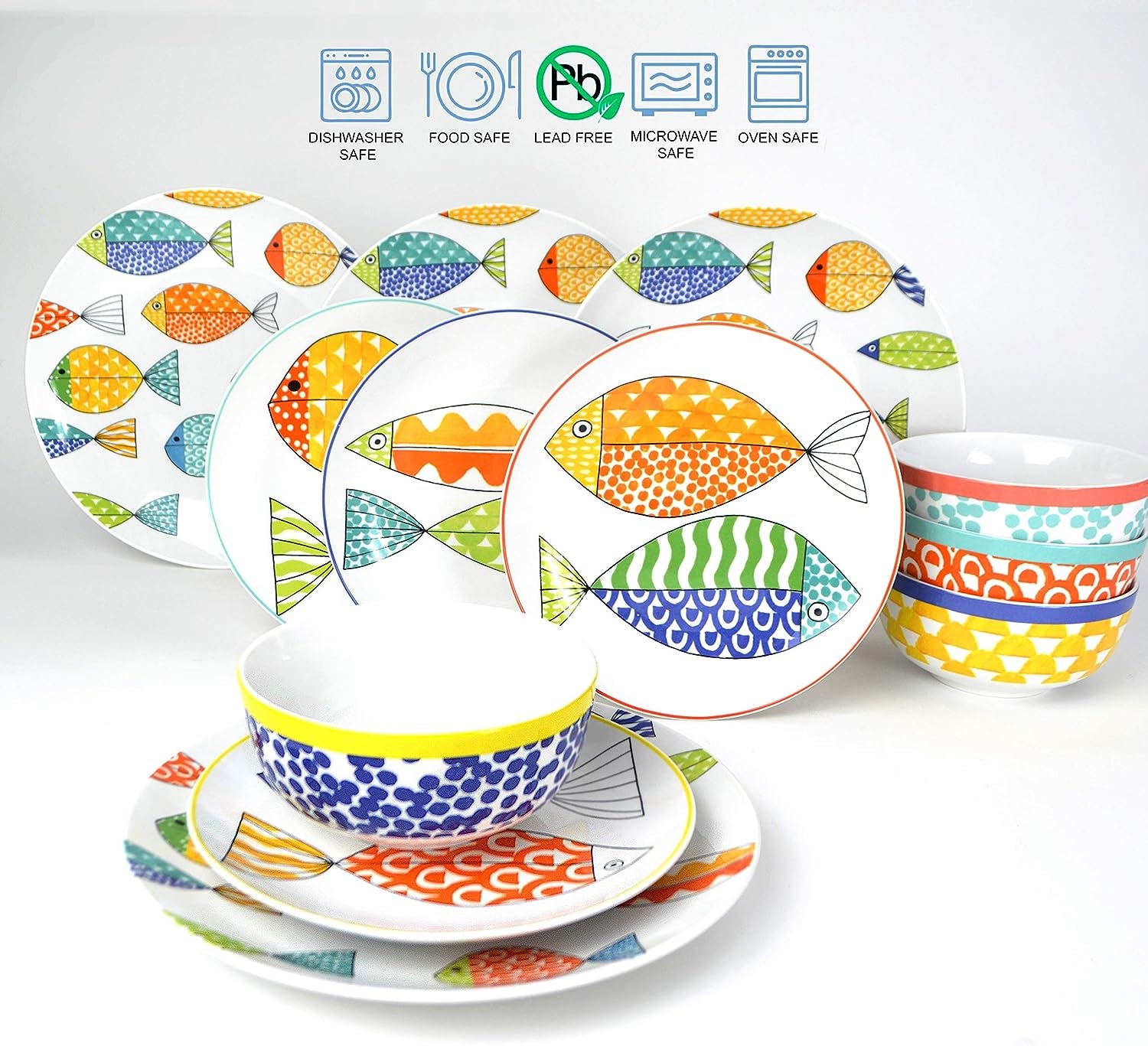 Euro Ceramica FreshCatch 12 Piece Dinnerware Set Service for 4 - Stoneware Indoor/Outdoor Use - No Mug - Cute Fish Pattern on - Image 3