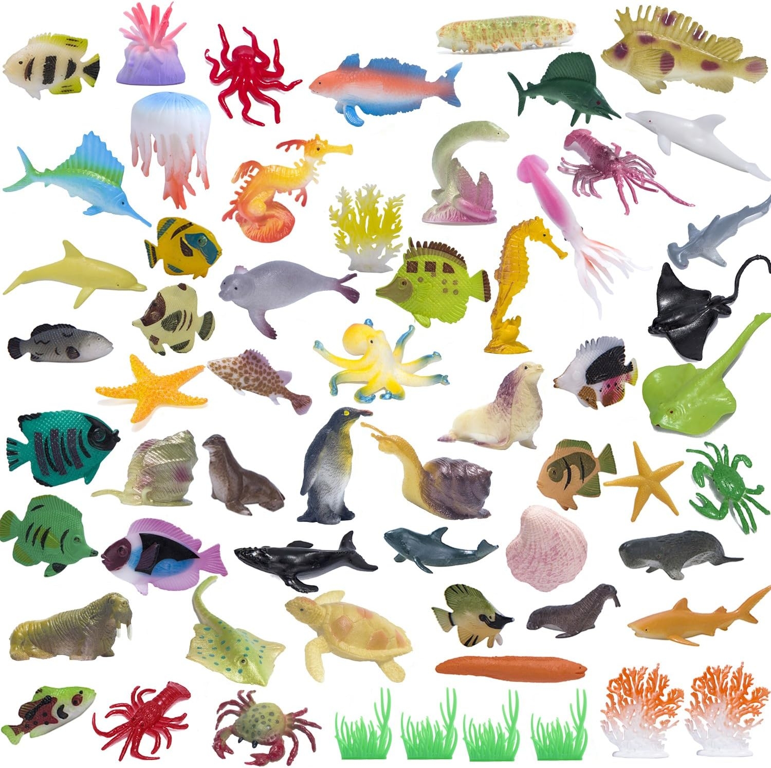 Ocean Sea Animals Figures, 60 Pack Mini Plastic Deep Underwater Life Creatures Set, STEM Educational Shower Bath Toys Gift for