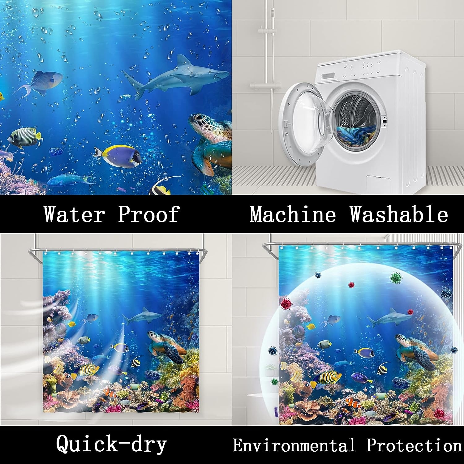 Swepuck Under The Sea Shower Curtain for Bathroom Ocean Tropical Underwater World Coral Fishes Turtle Home Decoration with 12 - Image 5