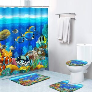 Britimes 4 Piece Shower Curtain Sets, Ocean Fish Coral Reef with Non-Slip Rugs, Toilet Lid Cover and Bath Mat, Durable and